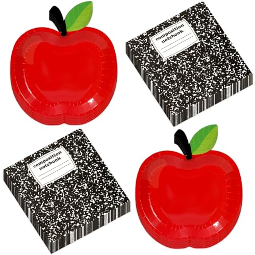 48 Pcs Back to School Tableware Set First Day of School Party Supplies Red Apple Paper Plates Composition Notebook Napkins Classroom Decoration for Kindergarten Preschool Teacher Party Serve 24