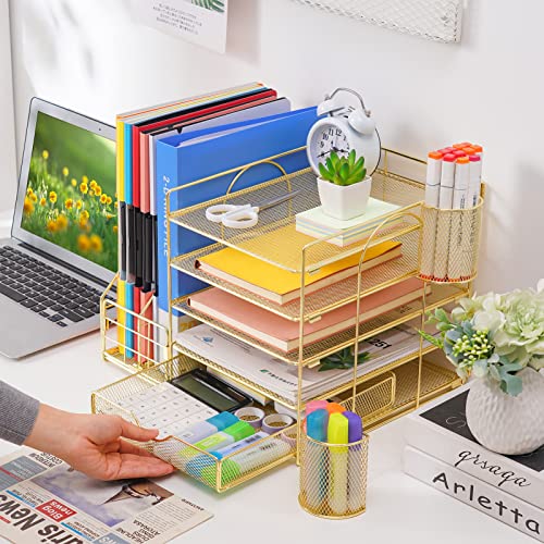 Image of Marbrasse Desk Organizer with File Holder, 5-Tier Paper Letter Tray Organizer with Drawer and 2 Pen Holder, Mesh Desktop Organizer and Storage with Magazine Holder for Office Supplies (Gold 2p)