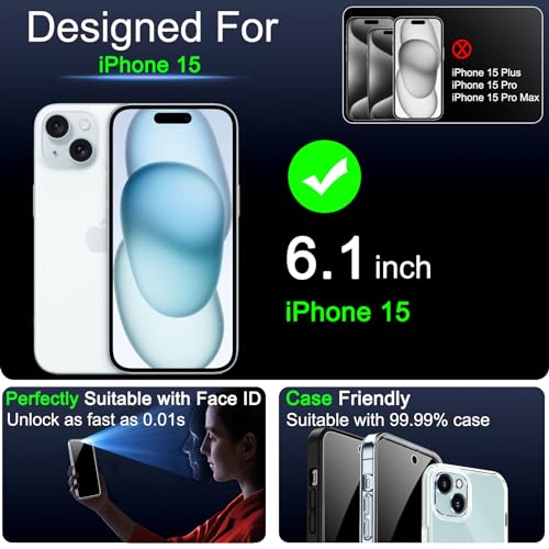 Image of IMBZBK 3 Pack Privacy Screen Protector for iPhone 15 Tempered Glass with 3 Camera Lens Protector, Accessories 9H Anti Spy, 2.5D Curved, Case Friendly, Transparent