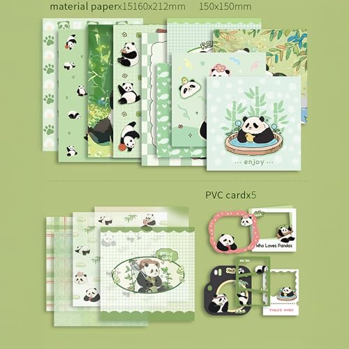 Image of The AutoStory Bear Scrapbook Album A6 Junk Journal Notebook Cute Animal Stickers Bamboo Collage Paper Washi Tape DIY Craft Art Making Stationery Present Teen Girls Set (Lovely Pandas, Green)