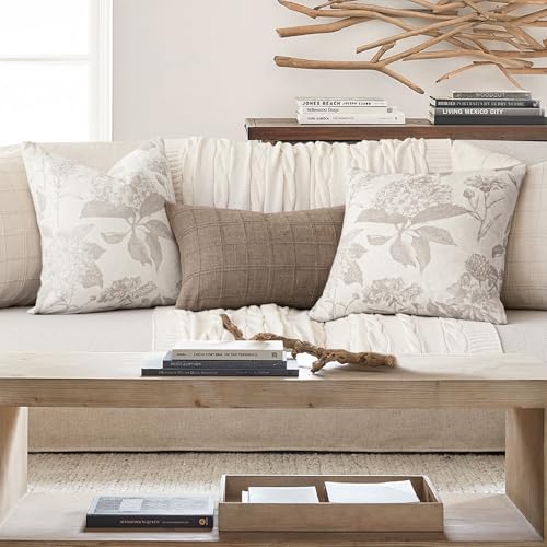 Image of Foindtower Set of 2 Linen Floral Vintage Throw Pillow Covers Neutral Accent Decorative Cushion Covers Farmhouse Boho Home Decor for Sofa Chair Couch Bedroom Living Room,24x24 Inch,Tan Beige