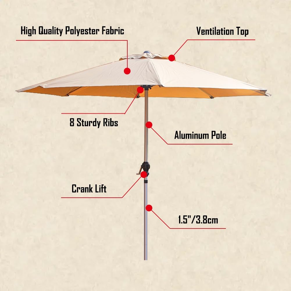 Khaki Parasol Ogrodowy Na Taras, Basen, Targ, 9 Stóp, Duży Parasol Ogrodowy Z Korbką, 8 Solidnych Żeber,Khaki-9ft/270cm