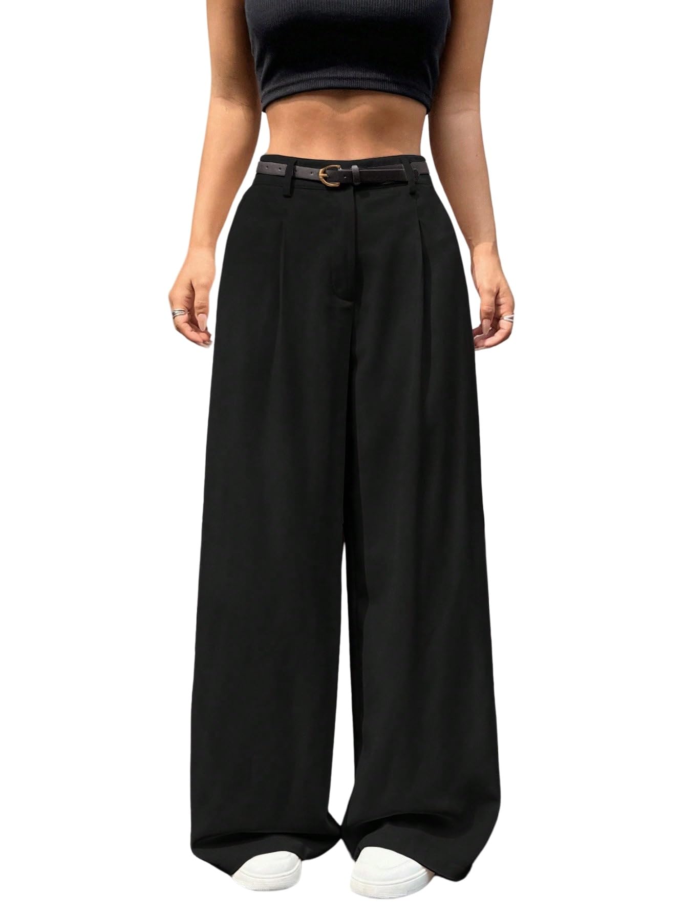 SweatyRocks Anzughose Damen Elegant Stoffhose Mit Gürtel Bundfaltenhose High Waist Freizeithose Wide Leg Hose Business Outfit Old Money Style