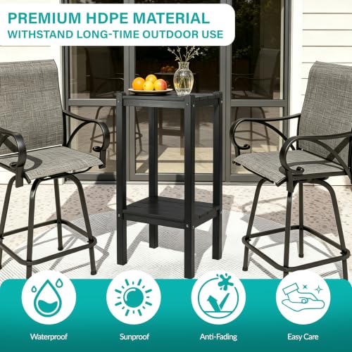 Image of Bar Height Outdoor Side Table with Shelf - All-Weather HDPE End Table with Realistic Wood Grain, 36 inch Height for Patio & Deck (Black)