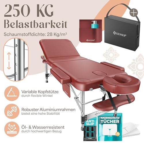 KESSER® Massageliege 3 Zonen bis 250kg, Massagetisch klappbar, verstellbar, tragbarer Koffer, Kosmetikliege, Therapieliege, Zubehör, Alu-Kopfstütze, Armlehne, Tragetasche, Anti Rutsch, 60cm, Bordeaux 2