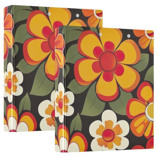 Grand classeur à 3 anneaux 3,8 cm fleurs orange rétro avec porte-bloc pour école et bureau