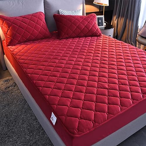 YUDEYU Sábanas bajeras Acolchadas Tela de Terciopelo de Cristal Suave. Protector de colchón Cama Individual Doble Superposiciones de Adornos(Red,150x190cm/High 10-30cm)
