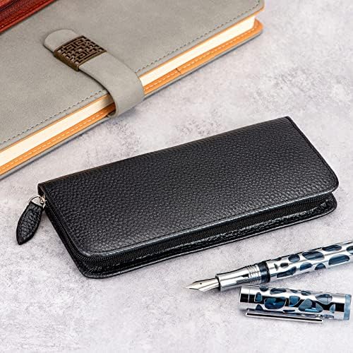 Genuine Leather Fountain Pen Case 3 Divided Slots, Zippered Pen Case Pouch, Handmade Display Holder for Rollerball Pen (Black Color)