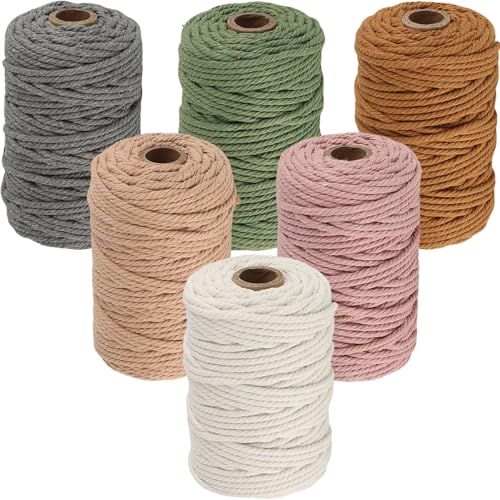 6 Rolls Macrame Cord, BetterJonny 3mm x 328 Yards Colored Macrame Rope, 4 Strand Twisted Cotton Rope Macrame Yarn, Colorful Cotton Craft Cord for Wall Hanging, Plant Hangers, Knitting, DIY