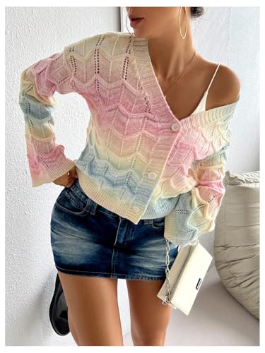 Image of MakeMeChic Women's Colorful V Neck Cardigan Sweater Long Sleeve Knit Cardigans Outerwear Pink Small