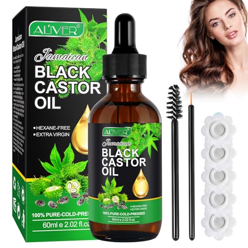 60ml Aceite De Ricino Negro+30Pcs Castor oil patches,100% Puro Aceite de Ricino Orgánico, Puro y Prensado en Frío, Cuidado Piel,Para cuerpo,masaje,cabello,uñas,pestañas,cejas.