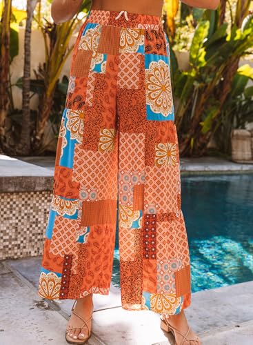 Casual Floral High Waist Pants for Women Summer Beach Vacation Wide Leg Colorblock Full Length Pant2