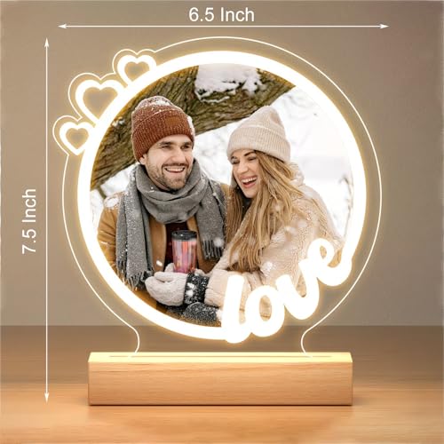 Image of SNAPTRAP Personalized LED Acrylic Photo Lamp with Wooden Base | Customized Couple Photo Light Gift for Girlfriend Boyfriend Wife Husband Family | Romantic Heart Design Night Lamp Decor