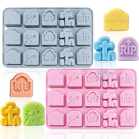 2 Pack Tombstone Chocolate Molds 15 Cavity 5 Different Shapes Tombstone Silicone Molds for Aromatherapy Candle Crayon Candy Gummy Soap Cake Cupcake Topper Decorations for Halloween Party Props
