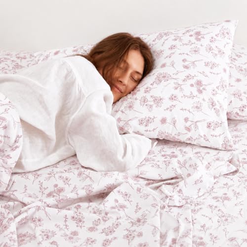 Image of Linen Home Cotton Percale Flat Bedsheet Set King Size Floral Mauve