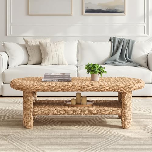 HULALA HOME Coastal Rattan Coffee Table with Open Storage, Natural Water Hyacinth Woven Rectangular Coffee Table for Living Room, 51.75"
