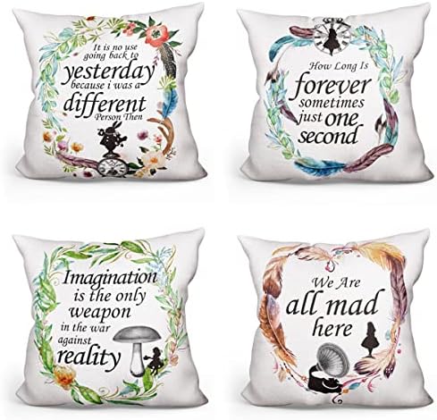 Alice in Wonderland Quote Throw Pillow Covers Set of 4 Cute Pillow Cases Linen Pillowcases Cushion Case Home Decor Gifts for Teens Women Friends - 18x18 Inch image 3