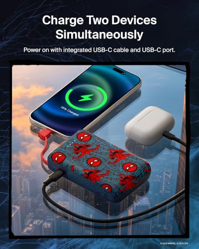 Image of Belkin Disney Spiderman Power Bank, BoostCharge Portable Charger with Integrated Cable 10K PD 20W - Fast Charge USB-C Power Delivery, Portable iPhone Charger for iPhone 17, iPad Pro, Galaxy S26