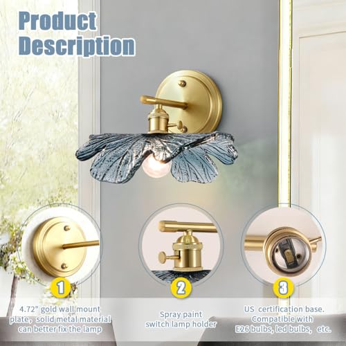 Image of Vintage Wall Sconces Set of 2 Blue Flower Glass Shade Gold Brass Base Bathroom Vanity Lights Over Mirror Mid Century Modern Wall Lighting Fixtures for Bedroom Hallway Living Room