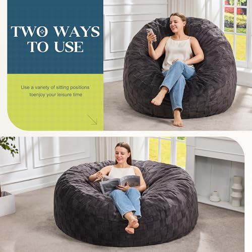 Image of Hobestluk Adults Bean Bag Chair 5FT Big BeanBag Chair Giant Large Oversized | Memory Foam,Washable Cover,Unique Fluffy Plaid,Comfy Bean Bag with Filler Lounging Gaming Bedroom Living Room | Dark Grey 5FT