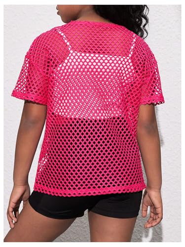 OYOANGLE Girl's Short Sleeve Fishnet T Shirt Drop Shoulder Hollow Out Mesh Workout Tees2