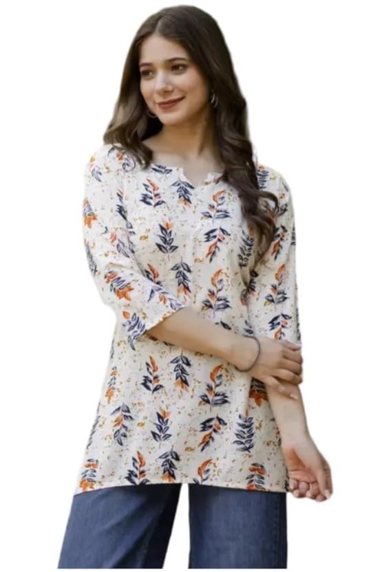Women’s Short Kurti in Multicolor Rayon Cotton Blend | Ladies Ethnic Tunic | Office