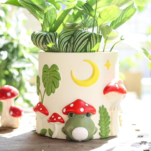AmiCera Cute Frog Plant Pot, Decorative Small Flower Pots for Indoor Plant, Unique Succulent Planters with Drainage, Boho Modern Mushroom Planter, Eclectic Garden Gift Home Decoration, White and Red