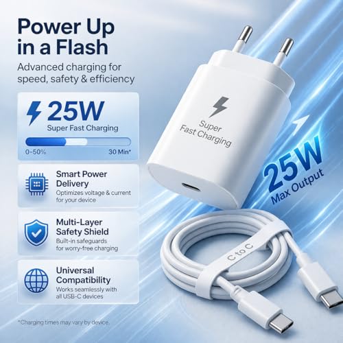 Image of 25W USB C Fast Charger Adapter with Type C to C Cable for Samsung Galaxy S24 /S23, A36 /A35 /A26 /A17 /A16 /A15 /A07 /A06, M56 /M55 /M36 /M35 /M17 /M17e /M16 /M15 /M07 /M06 /M05, F56 /F55 /F36 /F17 /F16 /F15 /F07 /F06 /F05