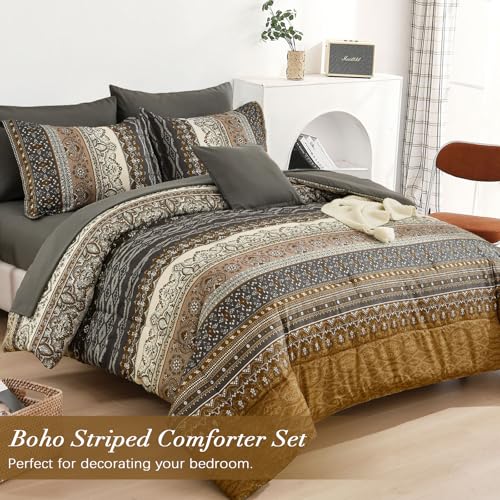 Image of Cottolester Boho Queen Comforter Set 8 Pieces,Brown Black Bohemian Comforter Paisley Striped Bed in A Bag,Soft Microfiber Bedding Set for All Season