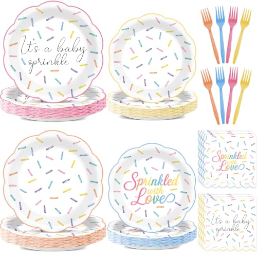 96PCS Baby Sprinkle Themed Party Supplies Tableware Set Scalloped Edge Rainbow Plates Napkins Gender Neutral Sprinkle with Love Decorations for Baby Shower Gender Reveal Party Supplies Serves 24
