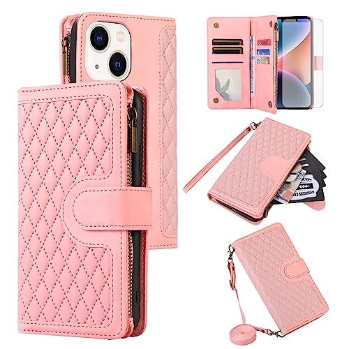 Étui portefeuille iPhone 14 chic or rose idéal pour les sorties avec sa dragonne