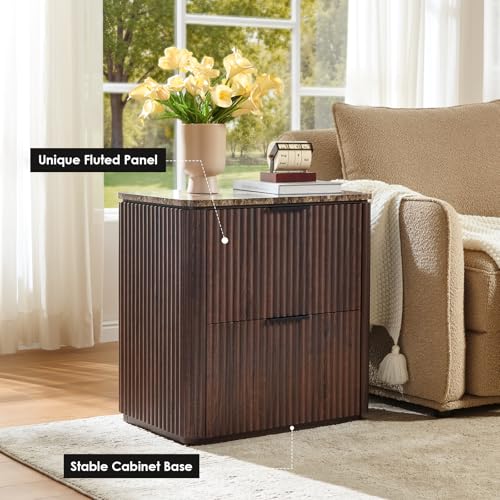 Image of Curved Fluted Nightstand Set of 2, Faux Marble Top, Dark Oak