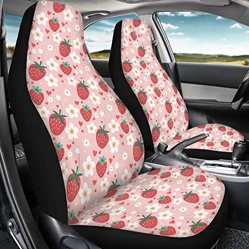 Fuibeng 2 Pcs Strawberry Car Seat Covers Set Pink Heart Daisy Strawberry Auto Front Seat Cushion Breathable Vehicle Bucket Seat Covers Protection Accessory For Women #TOP4