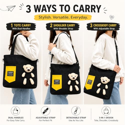 Image of BROGBUS Canvas Tote Bag for Women with Teddy Bear Charm Adjustable Sling Strap, Zipper Closure, College Travel Shopping Bag