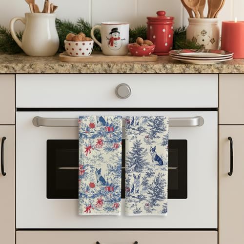 Image of Christmas Blue Boston Terrier Kitchen Towels Set 2,Vintage Dog Lover Gifts Dish Tea Towels for Kitchen, French Chinoiserie Holiday Decorative Hand Towel for Bathroom, 16x24 Inch