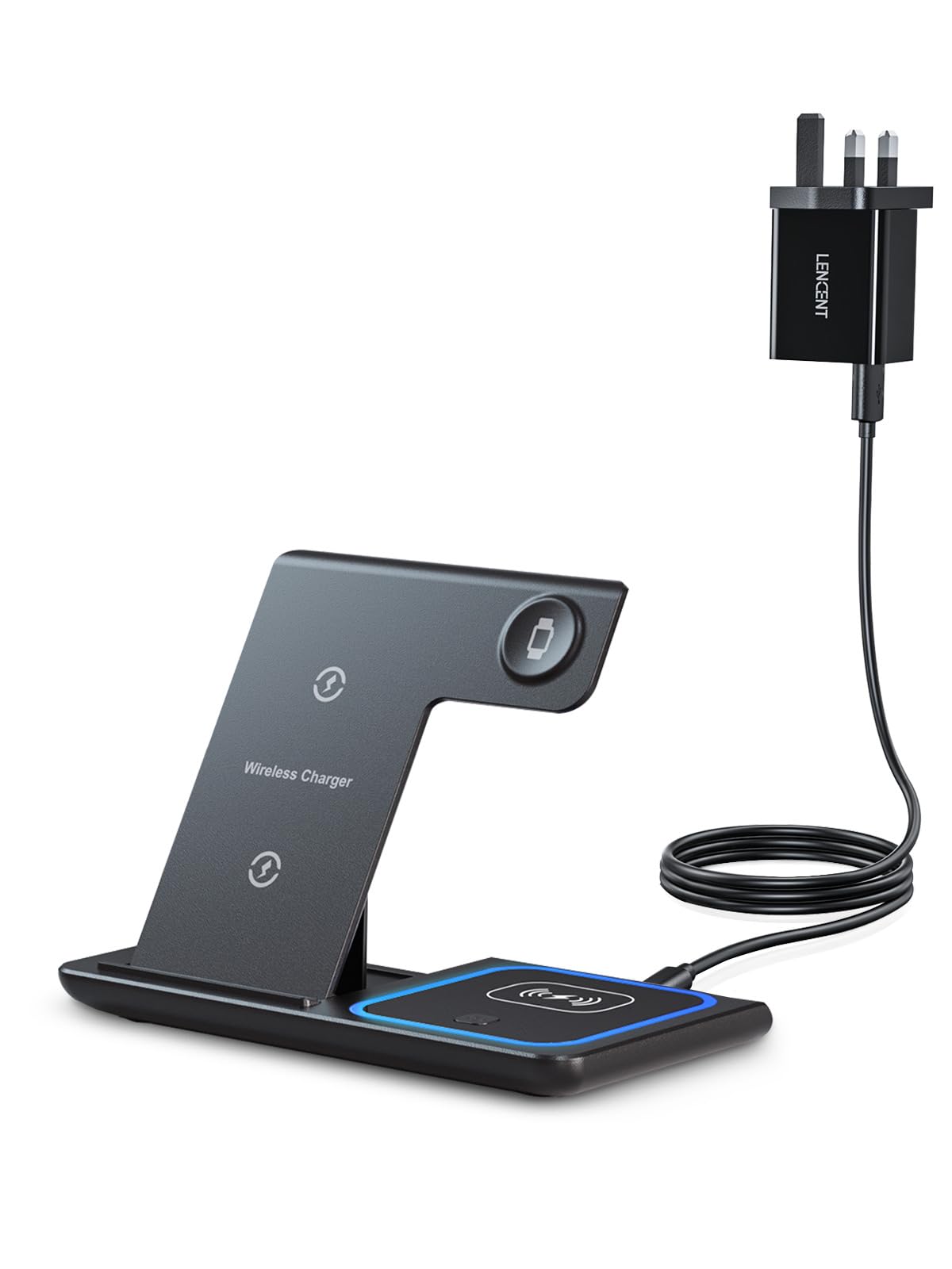 LENCENT Wireless Charging Station for Apple Multiple Devices, 3 in 1 Wireless Charger for iPhone 15 14 13 12 11 Pro X XS 8 AirPods 3/2/Pro iWatch 8 7 6 5 4 3 2 SE with Singapore Adapter (Black)