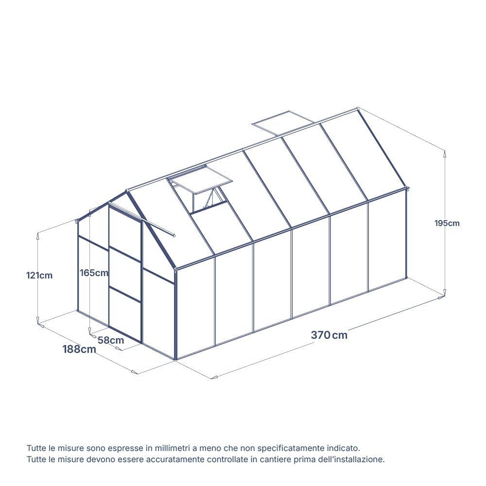 Gewächshaus aus Polycarbonat, 371 x 190 x 193 cm, grüne Aluminiumprofile und Schiebetür
