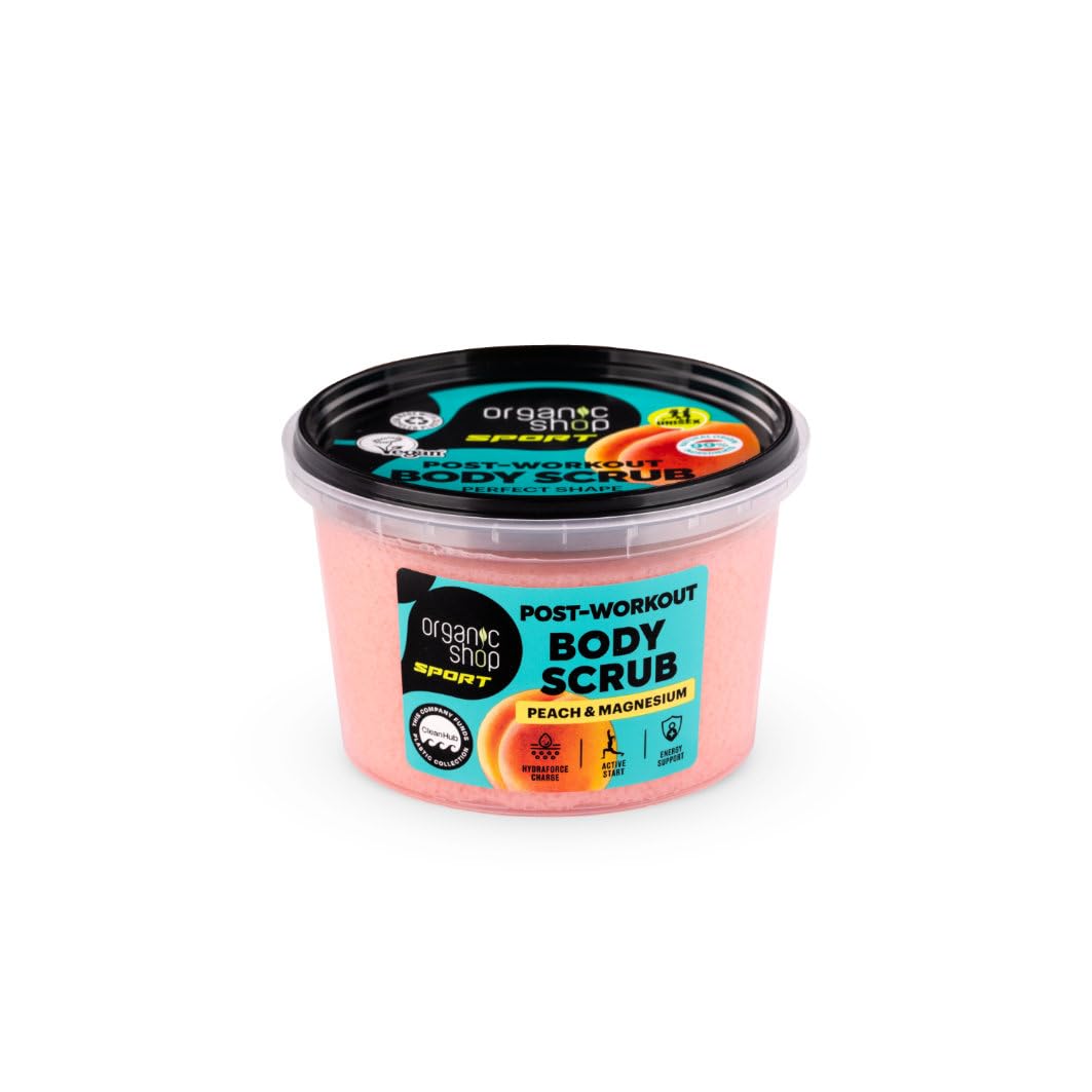 Organic Shop SPORT Post-Workout Body Scrub. Perfect Shape with Peach & Magnesium. Vegan Friendly. Cruelty Free. 250ml
