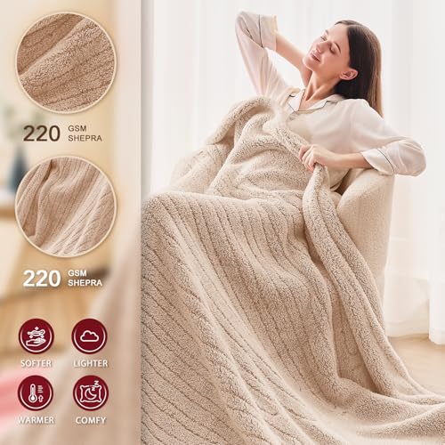 JKMAX Heated Electric Blanket King Size - 100"x90" Flannel Heating Blanket with 10 Heating Levels & 5 Time Settings Over-Heat Protection, Winter Warmer for Adults with ETL Certification（Beige）