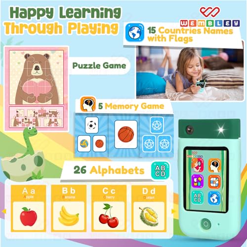 Image of Wembley My First Smart Phone| Dino Themed Mini Educational Toy with Rotating Camera| Fun & Learning Mobile for Kids Age 3+| Adorable, Smart & Entertaining Baby Phone (Dino)