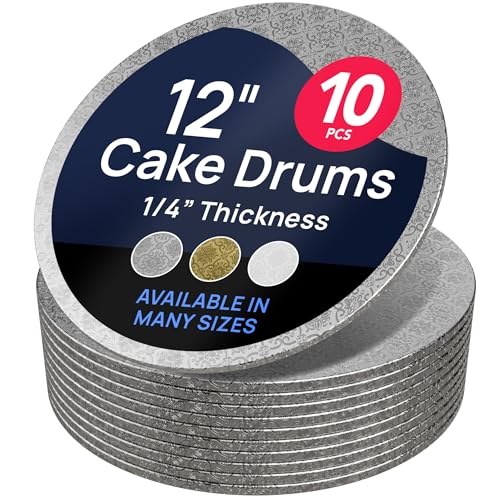 O'CREME Silver Wraparound Cake Pastry Round Drum Board 1/4 Inch Thick, 12 Inch Diameter - Pack of 10