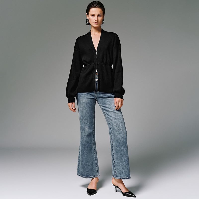 URBAN REVIVO Women's Zip Up Cardigan Sweater with Balloon Sleeves, V-Neck Knit Open Front Long Sleeve Coat for Casual Outwear - Image 7