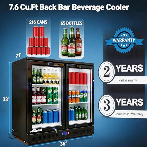 Image of Back Bar Cooler Under Counter Beverage Refrigerator, 7.5 Cu Ft Undercounter Fridge,2 Door 36 inch Commercial Beer Built-In Cooler with LED Light Adjustable Shelves Safety Locks,ETL Approval
