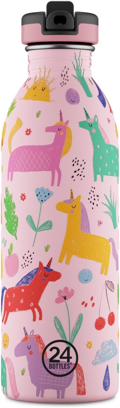 24BOTTLES KIDS - Children's Water Bottle with Straw for Elementary School and Kindergarten 500 ml, Children's Water Bottle 100% Airtight in Stainless Steel BPA Free Ultralight [Non-Thermal], Magic