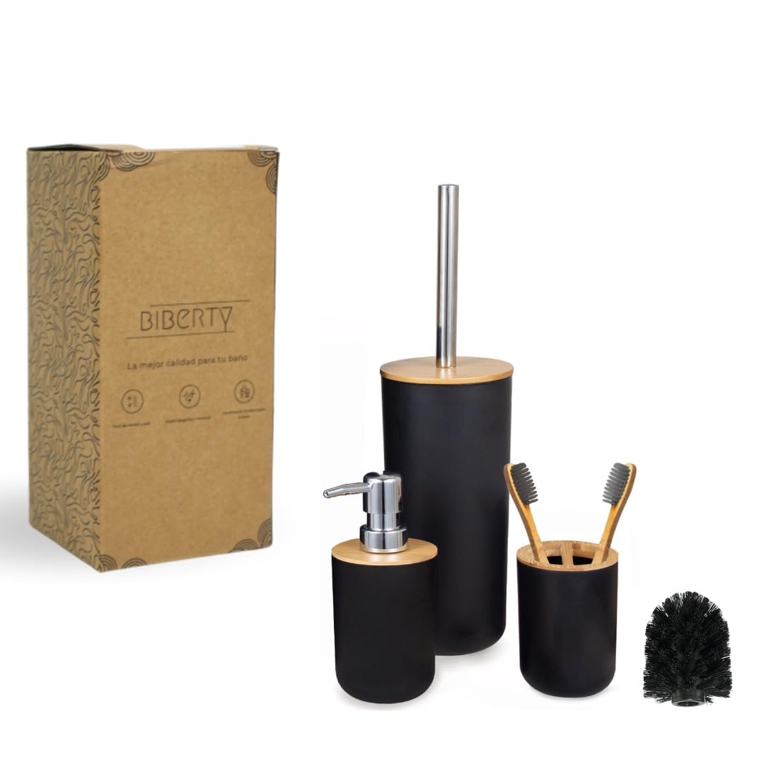 Juego Accesorios baño Negro y bambú, Incluye dispensador jabón, escobilla de baño y Porta Cepillo de Dientes - Kit Completo de 3 Piezas sin Taladro