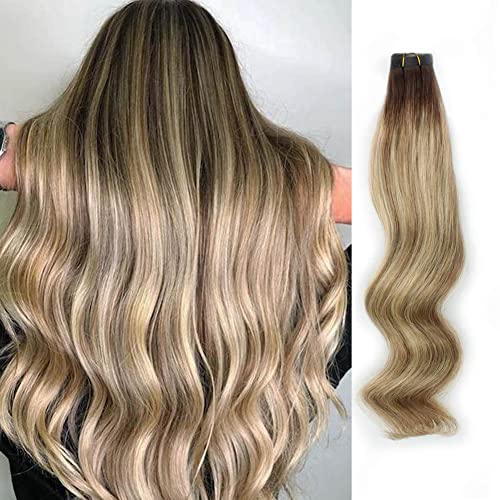 ABH AmazingBeauty Hair Remy Tape in Hair Extensions Highlighted ,Semi-permanent Pre-taped Double Sided Rooted Highlight ,Ash Brown-Beach Blonde with Dark Brown Root R3-8-613, 22 Inch