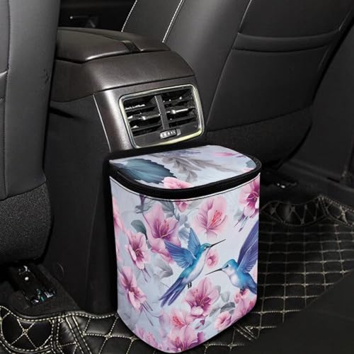 Image of Hanging Hummingbird Car Trash Can Bin with LidFloral Hummingbird Vehicle Garbage Can Leak Proof Hanging Car Rubbish Bags Automotive Organizer Accessory for Back Front Seat