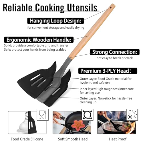 Image of 12 Pcs Silicone Cooking Utensils Set with Holder - Heat Resistant Spatula Turner Set, Wooden Spoons, Kitchen Gadgets Tools for Nonstick Cookware (12, Black)