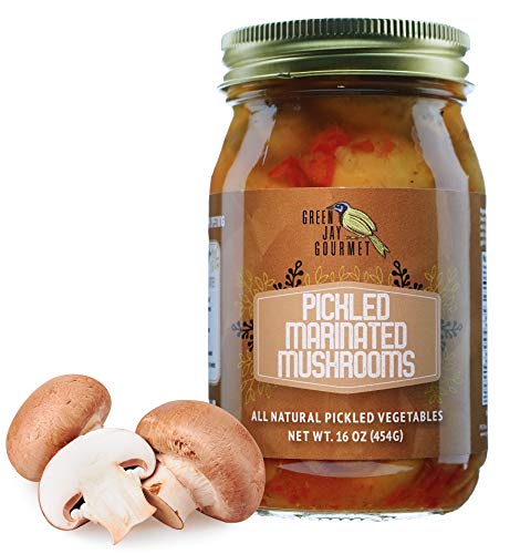 Green Jay Gourmet Marinated Mushrooms in a Jar - Fresh Hand Jarred Vegetables for Cooking &amp; Pantry – Home Grown Pre-Prepared Pickled Marinated Mushrooms – Simple Natural Ingredients - 16 Ounce Jar