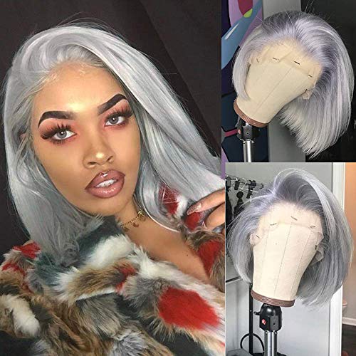 Benafee Grey Lace Front Human Hair Bob Wig Silky Straight Middle Part Short Bob Wigs Glueless Pre Plucked 180 Density Swiss Lace Remy Hair Bob Wig 12 Inch